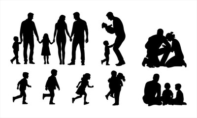 Happy Family Silhouette Vector, Parents and Children Silhouette