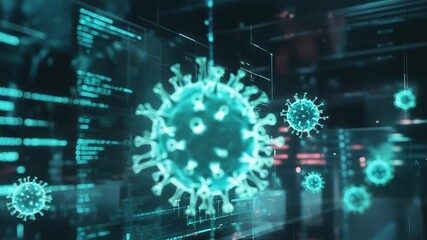 Coronavirus cells floating on digital display showing programming code - Powered by Adobe