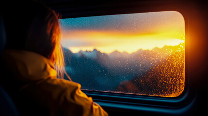 Serene moment as traveler gazes out droplet-covered window, witnessing spectacular golden hour sunset illuminating distant mountain peaks
