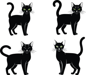 Set of Four Black Cats with Green Eyes in Different Poses, Cute Cartoon Vector Illustration for Halloween, Pet, and Design Projects