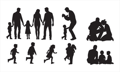 Happy Family Silhouette Vector, Parents and Children Silhouette