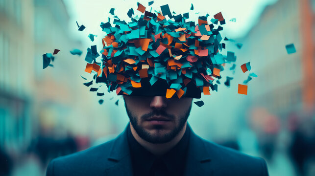 Mysterious man with eyes obscured by dark band, his head consumed by vibrant, chaotic explosion of colorful paper fragments, representing mind in creative turmoil or information overload against blurr