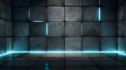 Concrete texture wall with thin glowing cyan grid lines, high realism and minimalism