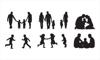 Happy Family Silhouette Vector, Parents and Children Silhouette
