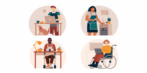 Diverse people working from home and engaging in daily activities with pets and assistive devices