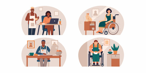 Diverse people working and living in accessible and inclusive environments with pets and plants