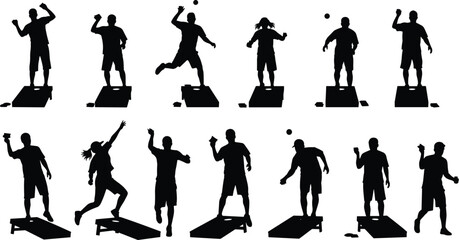 Silhouette cornhole players throwing bean bags at target boards in various action poses, outdoor lawn game vector illustration for sports design