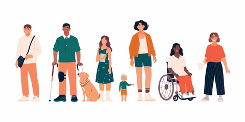 Diverse group of people with disabilities and a service dog standing together
