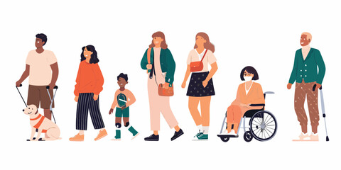 Diverse group of people with disabilities and a service dog walking together