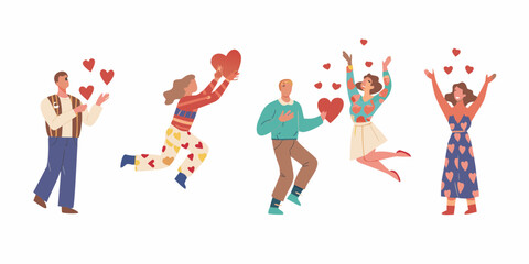 Diverse group of people celebrating and sharing love with hearts on a white background