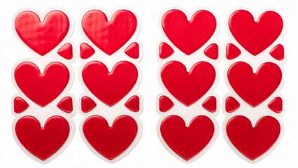 Red heart shaped stickers on white background isolated on a transparent background