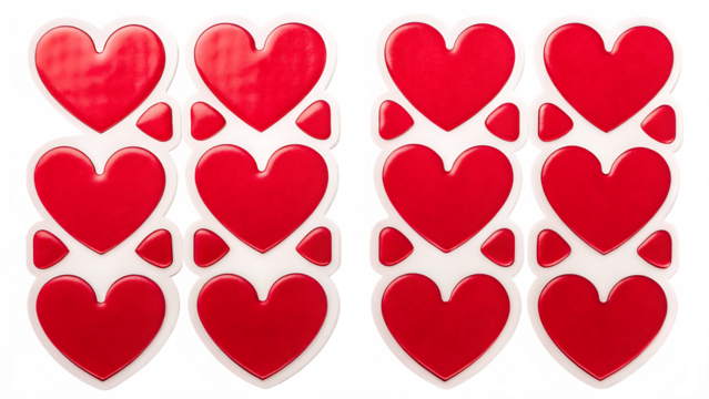 Red heart shaped stickers on white background isolated on a transparent background