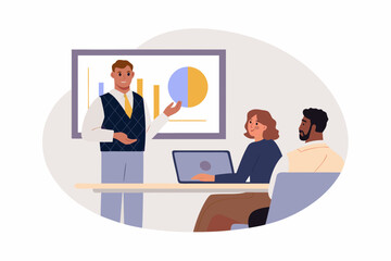 Business presentation with charts and graphs on screen and people listening attentively in a meeting room