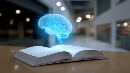 Open book on table emitting a glowing blue holographic brain, symbolizing knowledge and artificial intelligence.  
