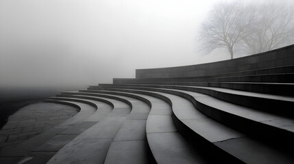 Fog rolling across stone steps, empty space for event name