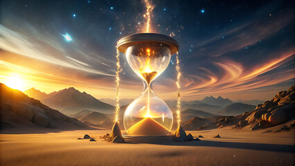 A golden hourglass the size of a mountain glowing with cosmic light  