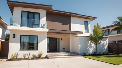 Fototapeta premium Modern residential architecture with clean lines, bathed in neutral tones under daylight.