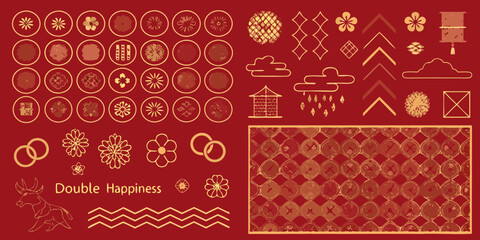 Collection of chinese new year and wedding elements including flowers clouds lanterns and the double happiness symbol