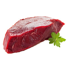 A vibrant thick cut of red meat showcasing its fresh texture and quality garnished with a sprig of green parsley against a stark transparent background