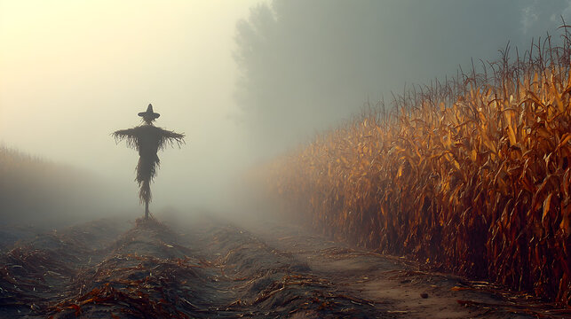 Foggy cornfield with scarecrow on the left, open mist on the right for event info - Powered by Adobe