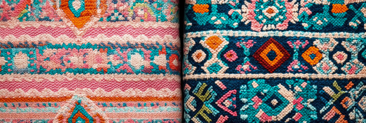 Vibrant display of colorful bohemian fabrics with intricate geometric and tribal patterns, ideal for textile and decor concepts