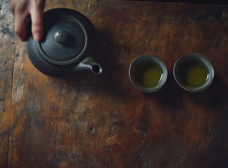 A person pours green tea from an iron teapot into two stone cups on a dark brown wooden table, leaving copy space for text. This is a banner background with an empty place for design, in the tradition