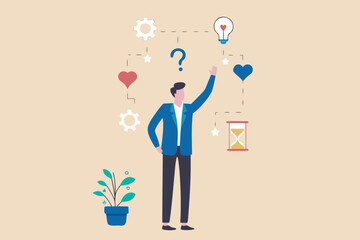 Man contemplating life choices and opportunities with symbols of ideas time and emotions