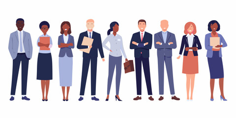 Diverse group of business professionals standing together in professional attire on a white background