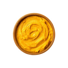 Overhead Shot of Creamy Yellow Dip in a Wooden Bowl