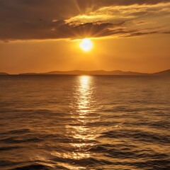 Obraz premium Golden sun dips below horizon, painting ocean with fiery glow.