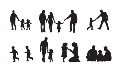 Happy Family Silhouette Vector, Parents and Children Silhouette