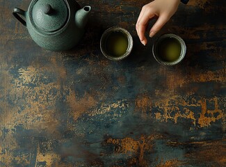 A person pours green tea from an iron teapot into two stone cups on a dark brown wooden table, leaving copy space for text. This is a banner background with an empty place for design, in the tradition