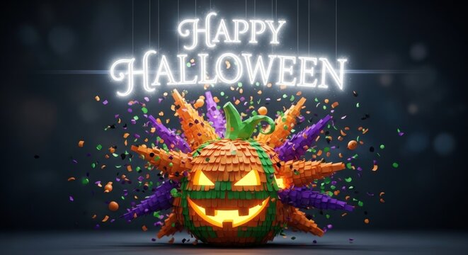 Happy Halloween neon sign above a vibrant pumpkin piñata with exploding confetti, festive and fun - Powered by Adobe