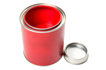 Red paint can with open lid and silver rim isolated on a transparent background open paint can