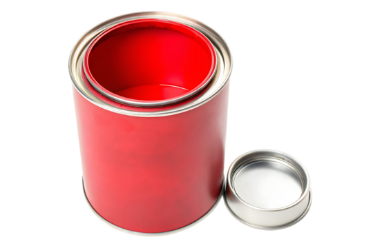 Red paint can with open lid and silver rim isolated on a transparent background open paint can - Powered by Adobe