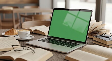 Fototapeta premium Laptop with green screen surrounded by open books and a coffee cup on a table