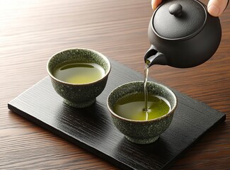A person pours green tea from an iron teapot into two stone cups on a dark brown wooden table, leaving copy space for text. This is a banner background with an empty place for design, in the tradition