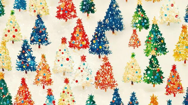 Seamless pattern of colorful christmas trees with ornaments and snow, evoking a festive holiday atmosphere