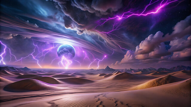 A surreal desert storm where lightning glows neon across shifting dunes in alien terrain