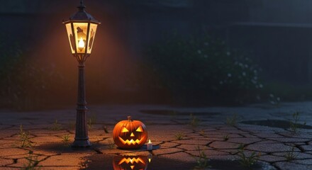 Illuminated Jack o' Lantern and lamp post create spooky Halloween ambiance, perfect for seasonal designs