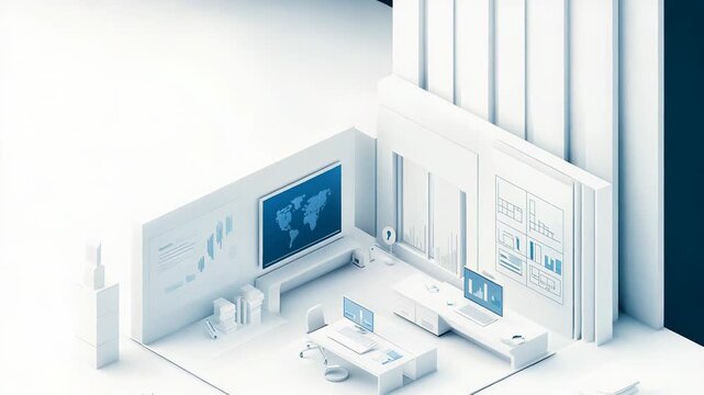 Modern office showing global business and data analysis with charts and graphs