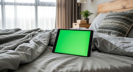 Digital tablet with a blank green screen mockup resting on a comfortable bed in a bedroom