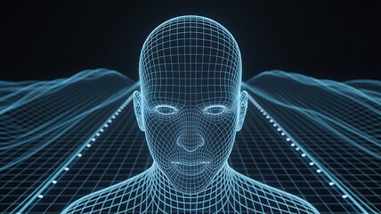 Futuristic digital human wireframe with abstract landscape