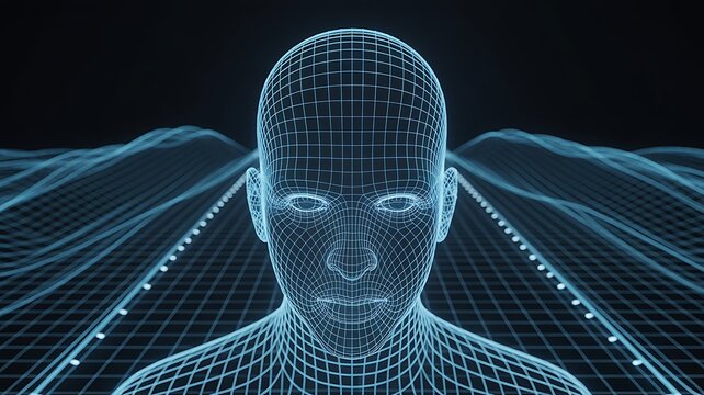 Futuristic digital human wireframe with abstract landscape