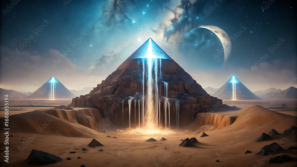 Wall mural a surreal pyramid with sides made of waterfalls glowing with cosmic surreal enchantment