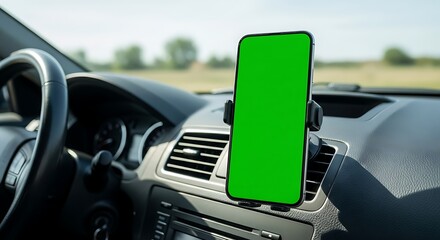 Smartphone with green screen mockup in a car mount on the dashboard, ideal for app advertisements or navigation displays