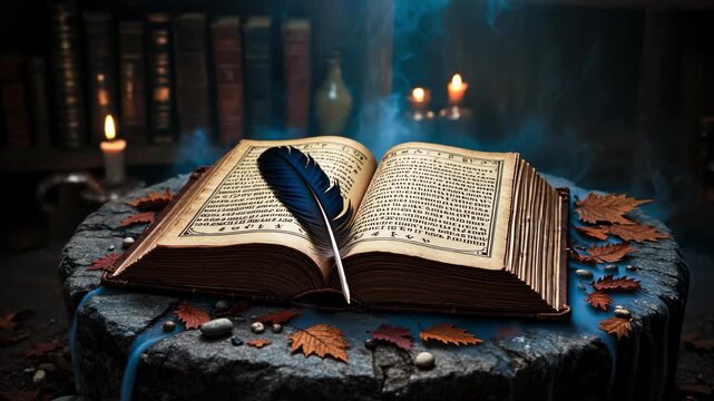 Rotating View of Old Open Book with Feather Pen and Flickering Candle