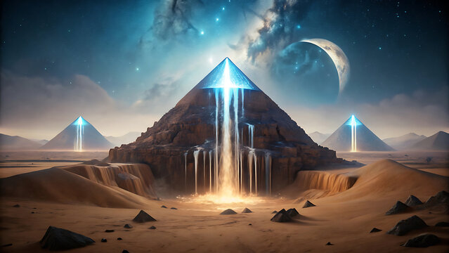 A surreal pyramid with sides made of waterfalls glowing with cosmic surreal enchantment