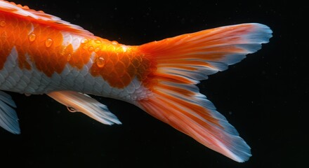 Close-up of a koi fish tail, displaying vibrant orange and white patterns, against a dark background.