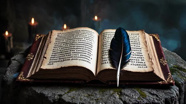 Mysterious Scene with Antique Book, Quill, and Smoky Candlelight